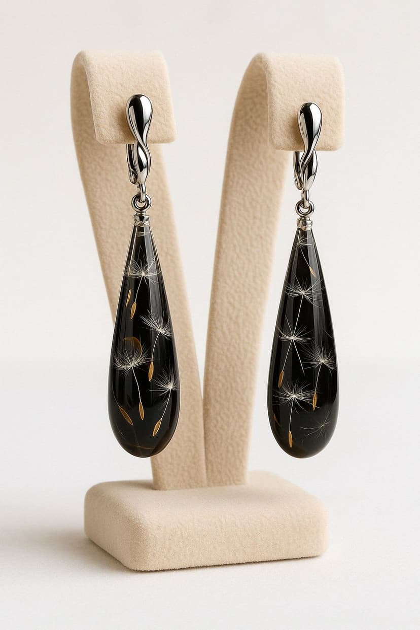 Серьги капли с пушинками одуванчиков