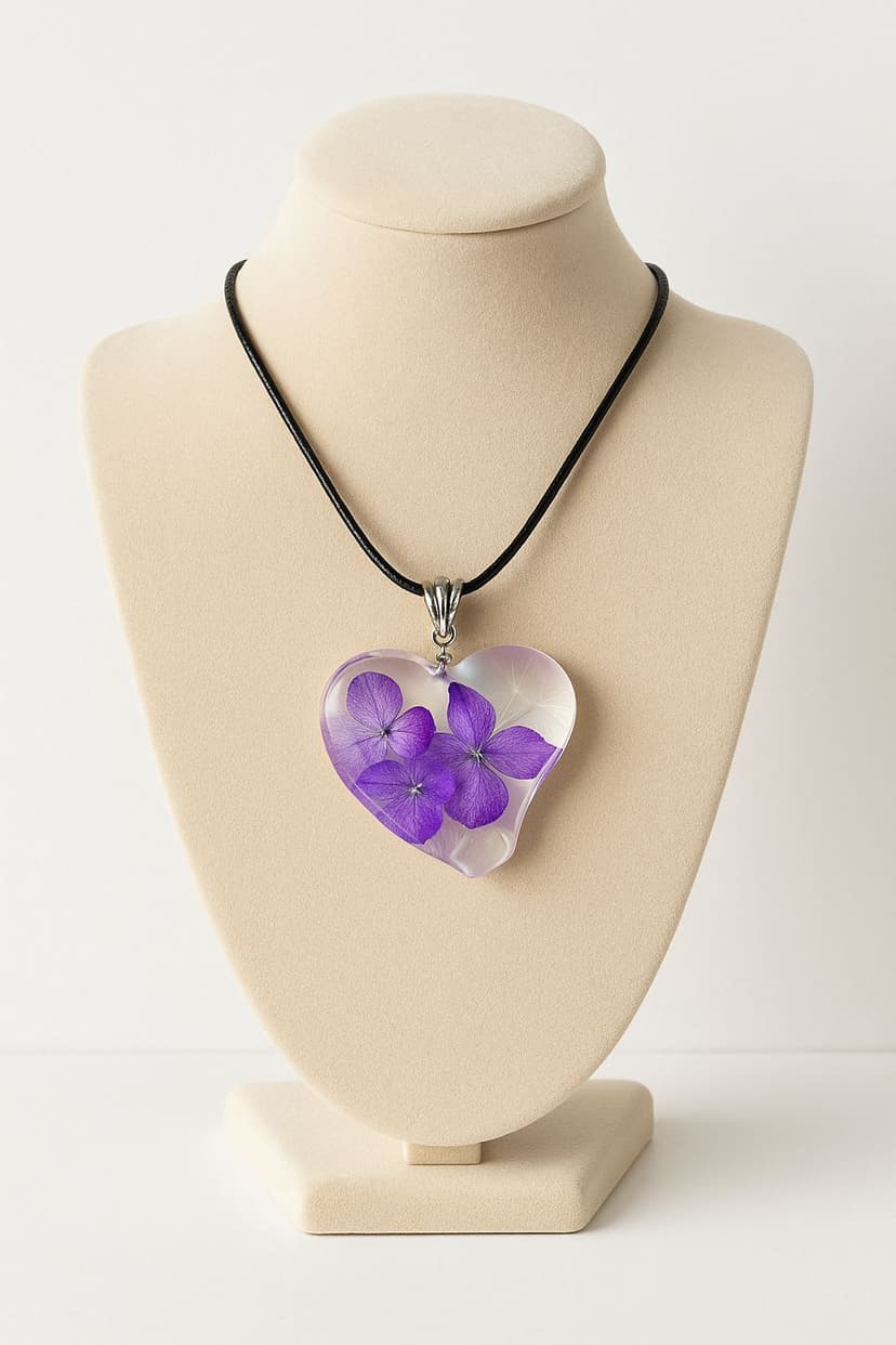 Кулон сердце с фиолетовыми цветами гортензии